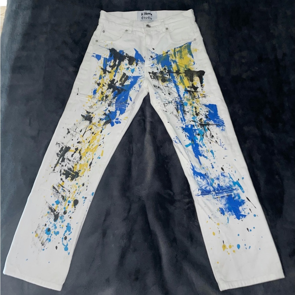 Cotton Straight Fit Paint Splatter Jeans in White (size 28)